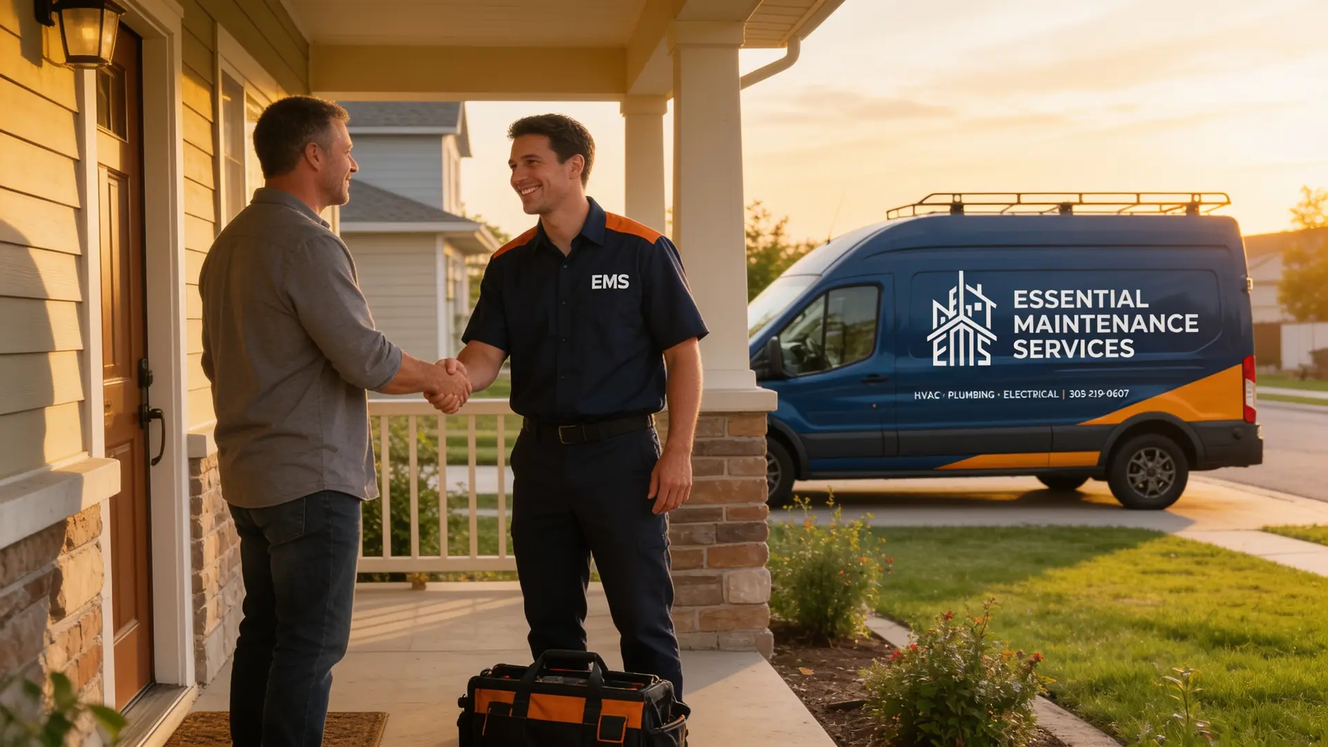 EMS technician greeting a homeowner at the front door